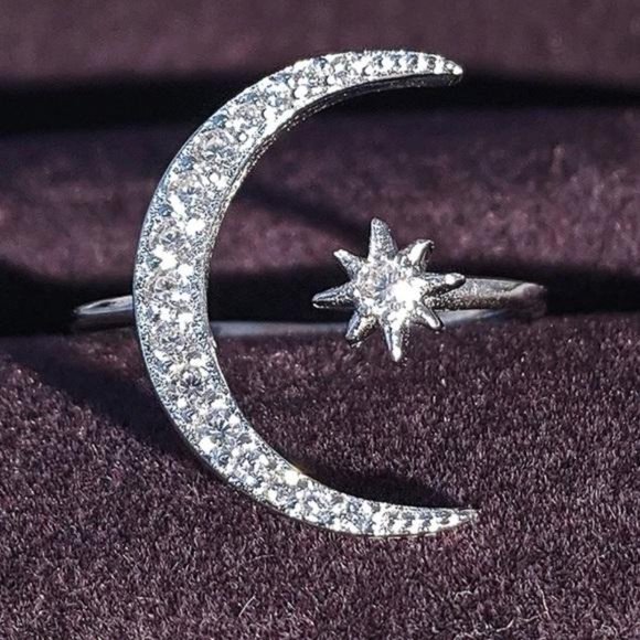STAR MOON 925 STERLING SILVER DIAMOND ADJUSTABLE RING, CUTE RING, SHINY RING. - Picture 7 of 8